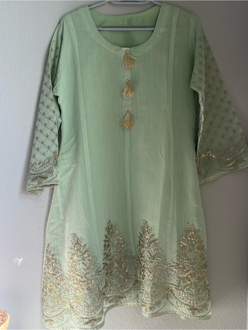 Girls' Mint Green Embroidered Dress with Tassel Detail